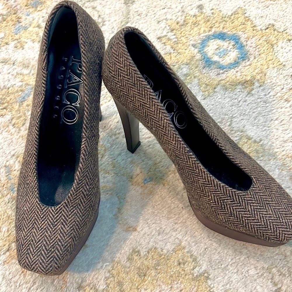 Paco, Gil Kylie Brown Herringbone Fabric & Leather 40's Style Pumps, EUC, 6B